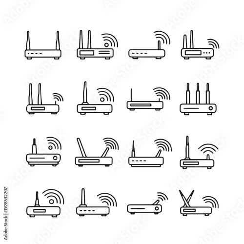 Collection of Wireless Routers with Wi-Fi Signals Internet Connection Devices Technology Icons