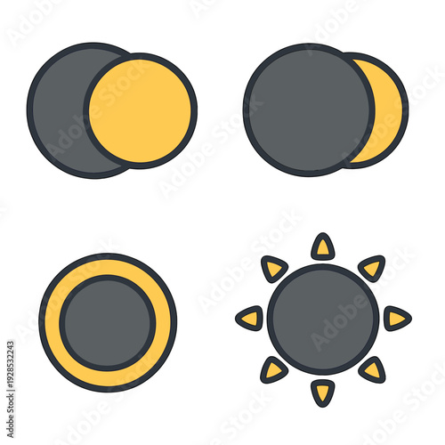 Minimalist solar eclipse icons in modern flat design style