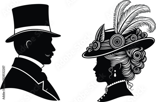 Elegant vintage silhouette profile portrait of a Victorian era gentleman in a top hat and a lady with a feathered hat.