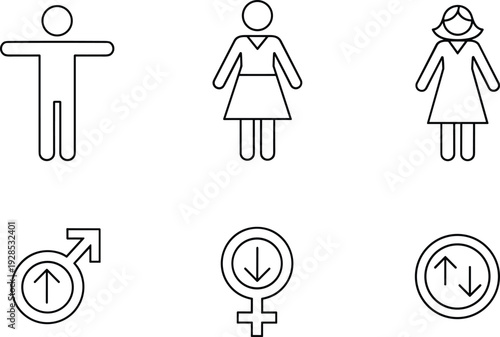 Simple minimalist outline vector icons representing male, female, gender neutrality, and various gender identity symbols on a white background.