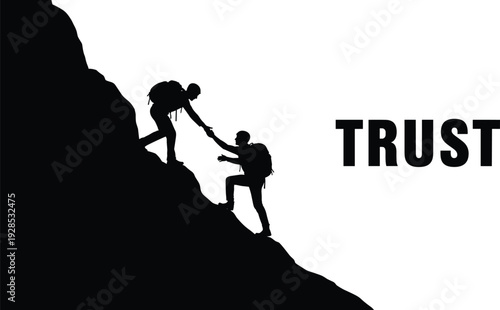 Silhouette illustration of two mountain climbers helping each other ascend a steep cliff face highlighting the strong concept of trust.