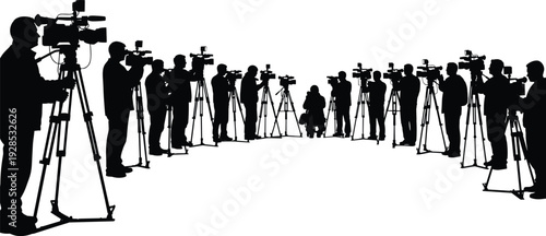 Black silhouette illustration of a large group of professional cameramen and photographers with cameras on tripods covering a media event.