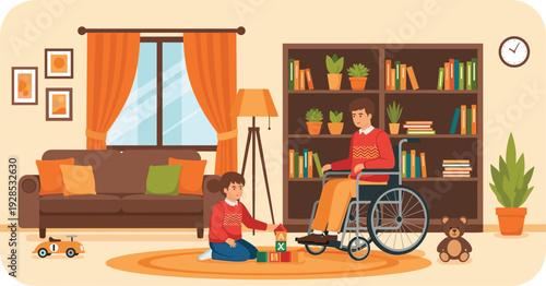 Father in a wheelchair spending quality time with his little son playing with colorful building blocks in a cozy modern living room.