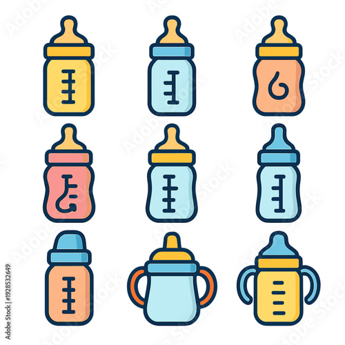 Colorful baby bottles set with handles and measuring marks on gradient background