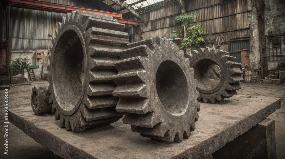 Obraz premium Collection of weathered cast iron industrial gears with some missing elements, set in a factory workshop.
