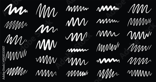 Collection of 25 unique white squiggly line patterns on a black background for design and artistic use