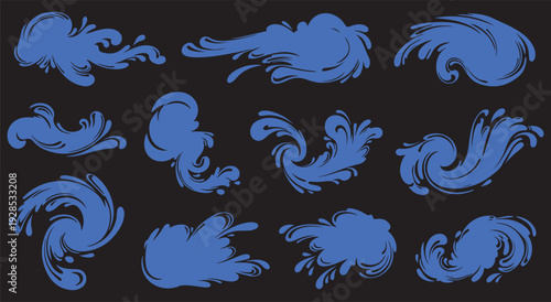 Collection of abstract blue swirling shapes on a black background