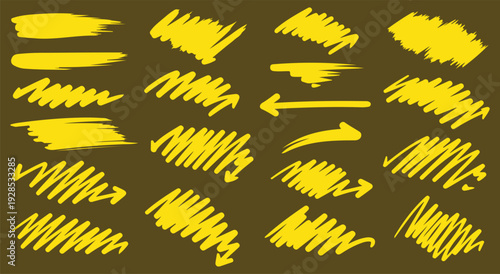Collection of yellow brush stroke icons on brown background