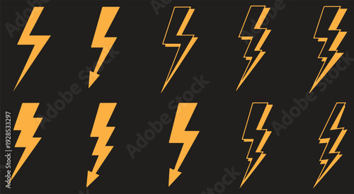 Collection of yellow lightning bolt icons on black background