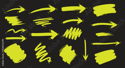 Collection of yellow brush stroke arrows on black background