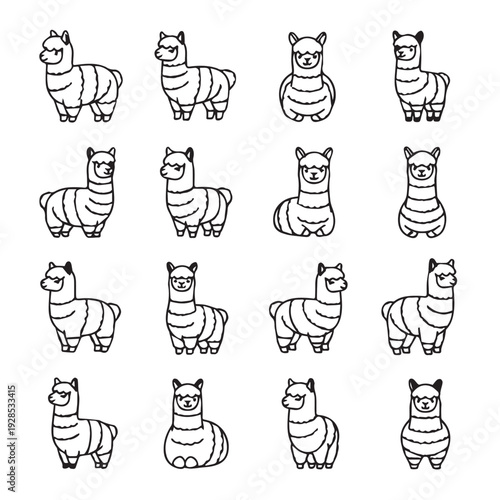 Cute Cartoon Llama Alpaca Icons Collection Various Poses Simple Line Art