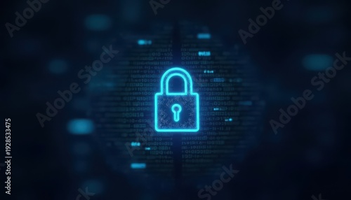 Digital padlock glowing on computer code background. Cyber security and data protection concept.