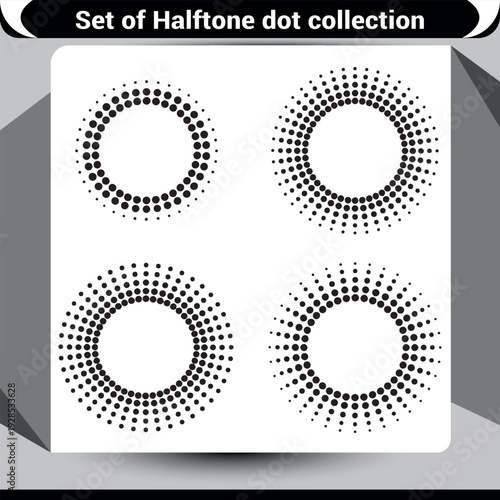 Radial halftone dot patterns forming abstract circular shapes, modern art elements