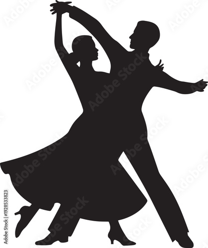 Ballroom dancing couple silhouette dancing tango elegantly together on transparent surface