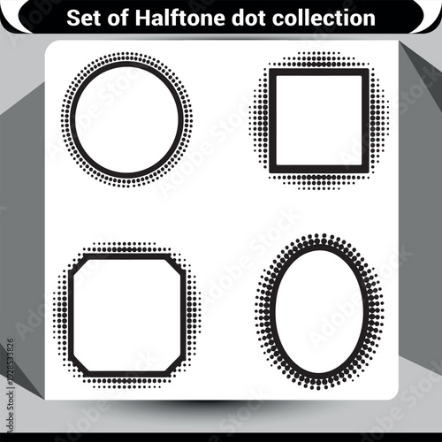 Set of geometric frames with circular halftone dot borders in black and white