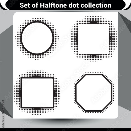 Abstract geometric shapes with halftone dot fill and outline in black and white