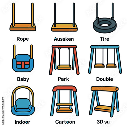 Collection of colorful playground swings featuring various designs and styles