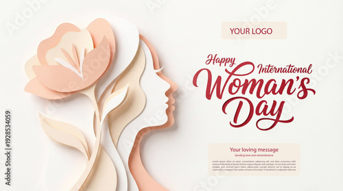 Happy International Women’s Day – Elegant Pink Paper Cut Illustration 8 March Women’s Day Banner – Luxury Paper Art Portrait