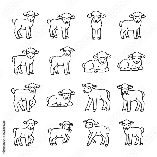 Cute Lambs Collection Simple Line Drawings Multiple Poses Vector Illustration