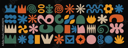 Vibrant Abstract Organic Shapes and Symbols on a Black Background vector illustration