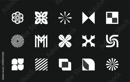 White Geometric Abstract Shapes and Symbols on Black Background vector illustration