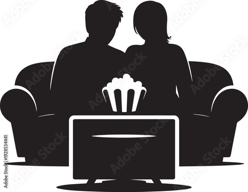 Couple on couch with popcorn watching television, leisure activity at home