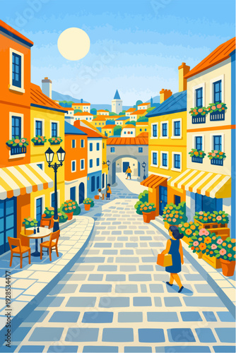 Sunny European Street with Colorful Buildings Illustration
