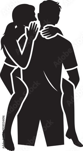 Couple piggyback silhouette woman whispering secret to man