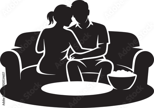 Couple sitting on couch watching movie together while eating popcorn in living room scene