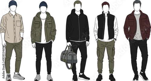 Vector illustration set of men wearing casual autumn fashion including hoodies, puffer vests, cargo pants, beanies, and gym duffel bags,