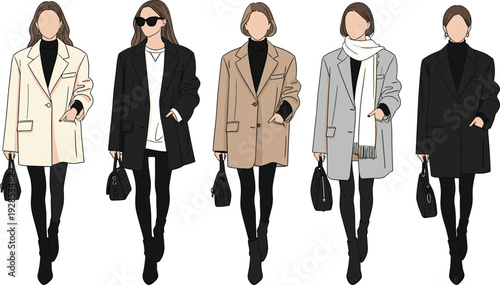 Vector illustration set of women wearing oversized blazers, black turtlenecks, leggings, and ankle boots for modern winter office fashion outfits,