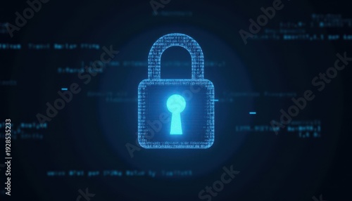 Digital padlock glowing on computer code background. Cyber security and data protection concept.