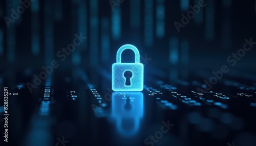 Digital padlock glowing on computer code background. Cyber security and data protection concept.