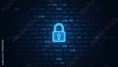 Digital padlock glowing on computer code background. Cyber security and data protection concept.