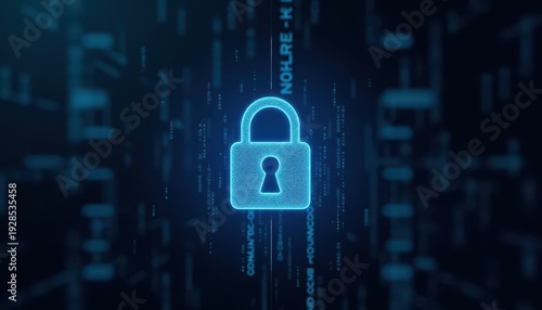 Digital padlock glowing on computer code background. Cyber security and data protection concept.