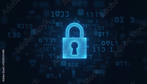 Digital padlock glowing on computer code background. Cyber security and data protection concept.