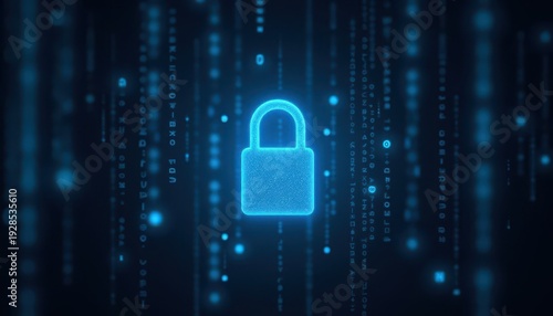 Digital padlock glowing on computer code background. Cyber security and data protection concept.