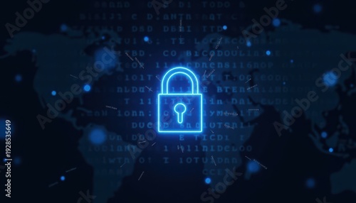 Digital padlock glowing on computer code background. Cyber security and data protection concept.