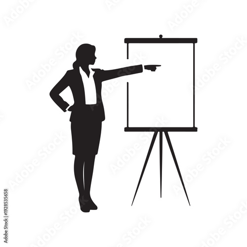 Businesswoman in suit pointing at blank presentation board, vector silhouette