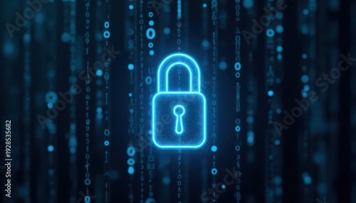 Digital padlock glowing on computer code background. Cyber security and data protection concept.