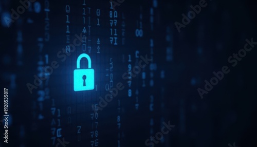 Digital padlock glowing on computer code background. Cyber security and data protection concept.