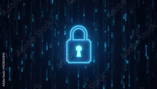 Digital padlock glowing on computer code background. Cyber security and data protection concept.