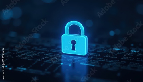 Digital padlock glowing on computer code background. Cyber security and data protection concept.