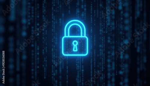 Digital padlock glowing on computer code background. Cyber security and data protection concept.