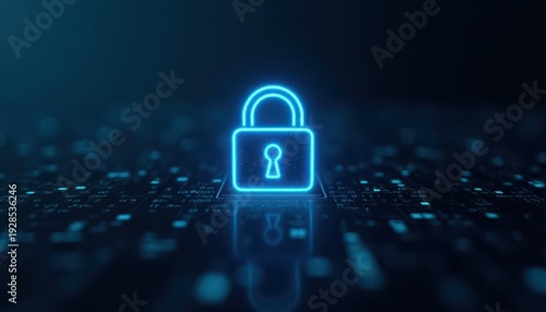 Digital padlock glowing on computer code background. Cyber security and data protection concept.