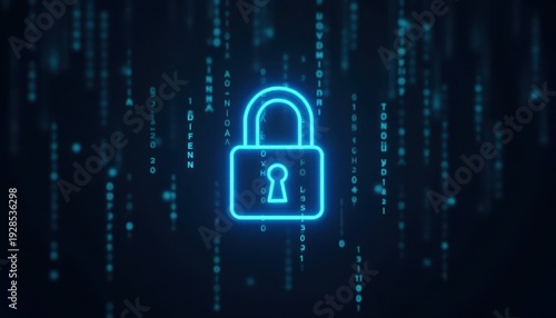 Digital padlock glowing on computer code background. Cyber security and data protection concept.