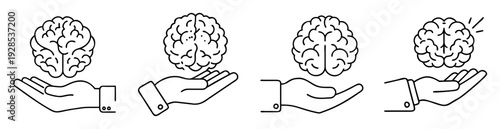 Four stages of intellectual development depicted with hands holding brains icons