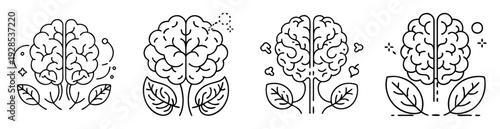 A collection of brain icons with leaves and creative elements in black