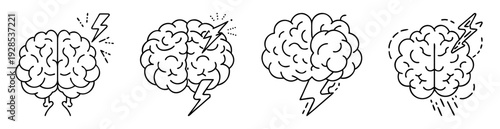 Collection of graphic brain images struck by lightning in black and white