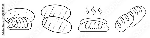 Black and white outlined illustration of assorted bread products, bakery items